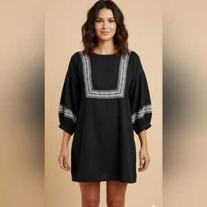 Anthropologie Boho Embroidered Black Dress Sz Medium